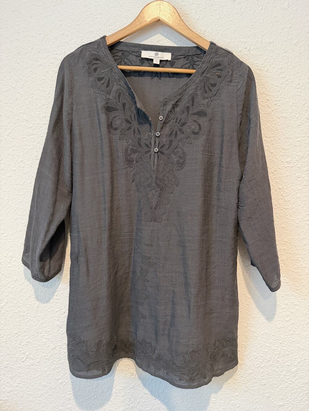 Jean Pierre Klifa Paris Gray 3/4 Sleeve Tunic Top Boho Blouse Women Large